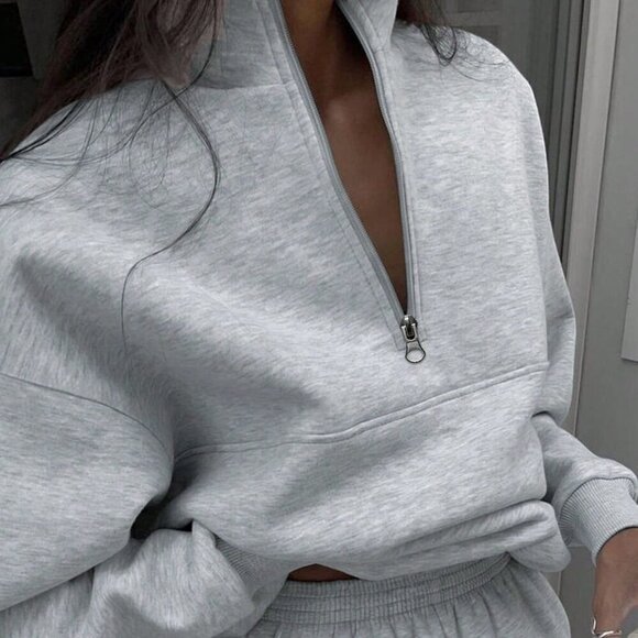Grey Casual Women's Half Zipper Hoodie And Jogger Pants Two Piece Set - Picture 2 of 7